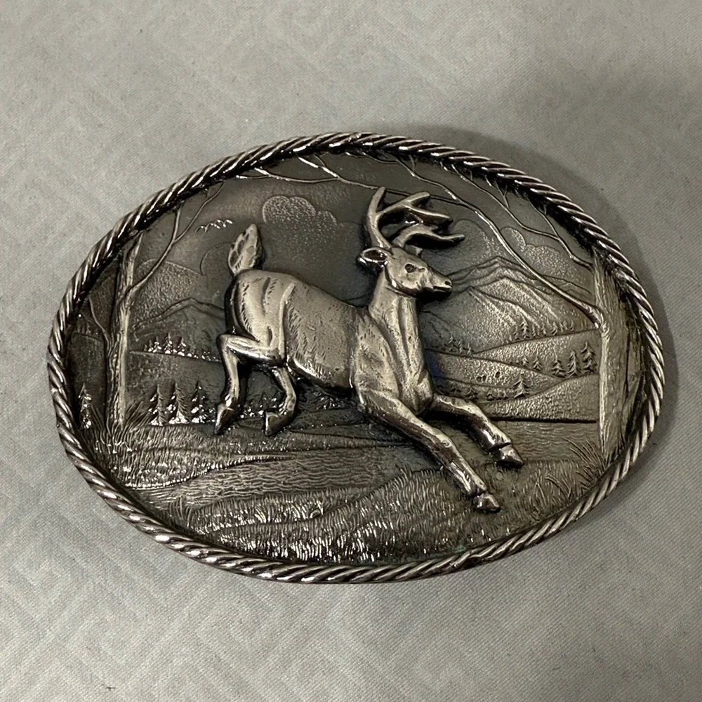 Vintage 1980 Leaping Buck Deer Mountain Backdrop Belt Buckle Made in USA #472